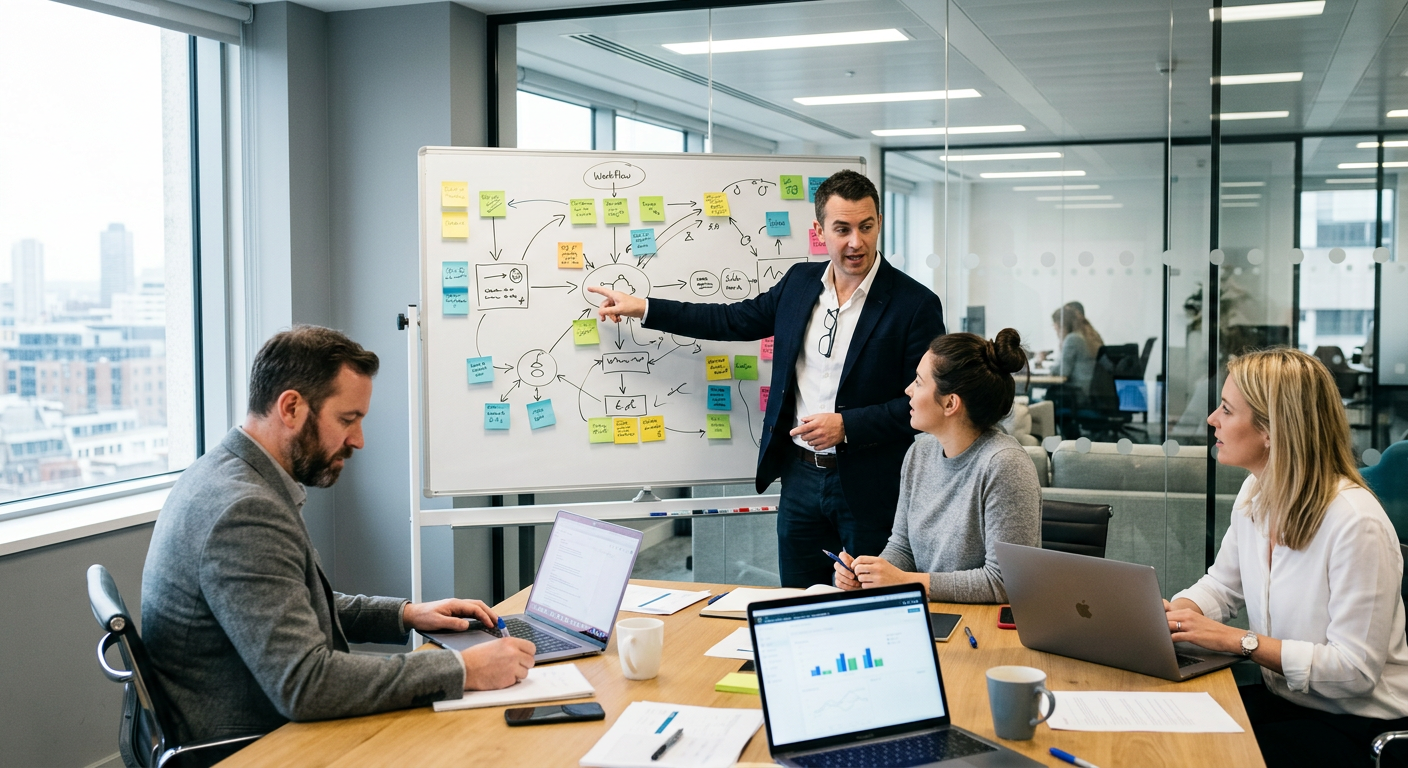 SI Consulting facilitator mapping business workflows with a client team on a whiteboard